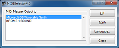 A screenshot of MIDISelector, a free and open source software for selecting MIDI device instead of MIDI mapper.