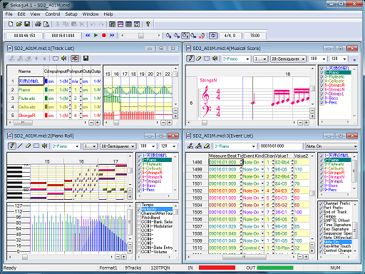 A screenshot of Sekaiju, free and open source MIDI sequencer software.